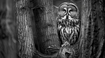 Black and White Photo of Owl in Wilderness