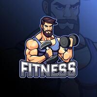 Fitness man with dumbell mascot logo design for badge, emblem, esport and t-shirt printing vector