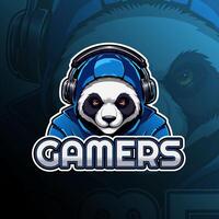 jugador panda con auricular mascota logo diseño para insignia, emblema, deporte y camiseta impresión vector