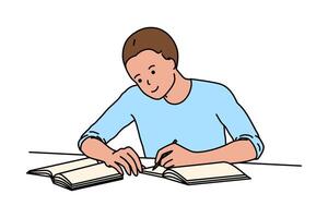 A student writes notes while preparing for an exam. Concept of reading books and education, learning and development. Illustration isolated on a white background in flat style. vector