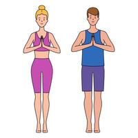 un hombre y un mujer en chándales son haciendo yoga. físico y espiritual práctica, meditación. ilustración aislado en blanco antecedentes en plano estilo. vector