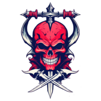 Illustration of a red, horned devil skull png