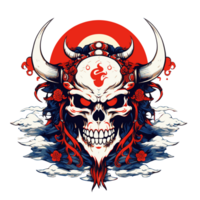 Illustration of a red, horned devil skull png