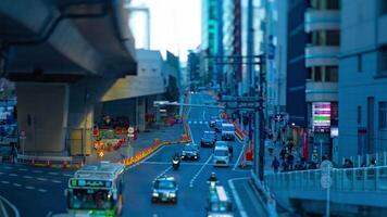 A timelapse of the miniature urban city street in Shibuya Tokyo daytime tiltshift video