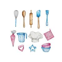 Watercolor bakery tools cooking set vector