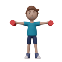 A cartoon man is lifting weights with red dumbbells. He is wearing a blue shirt and blue shorts. 3d render png