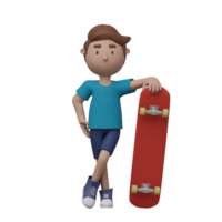 A cartoon boy is skateboarding. He is wearing a blue shirt and blue shorts. 3d render png