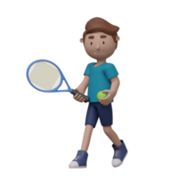 een tekenfilm jongen is spelen tennis met een tennis bal. hij is vervelend een blauw overhemd en blauw korte broek. 3d geven png