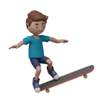 A cartoon boy is skateboarding. He is wearing a blue shirt and blue shorts. 3d render png