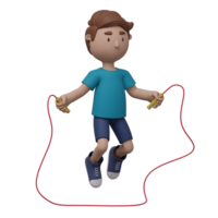 A cartoon boy is jumping over a rope. The boy is wearing a blue shirt and blue shorts. 3d render png