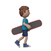 A cartoon boy is skateboarding. He is wearing a blue shirt and blue shorts. 3d render png