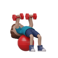 A cartoon man is lifting weights while balancing on a red ball. 3d render png