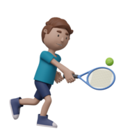 A cartoon boy is playing tennis with a tennis ball. He is wearing a blue shirt and blue shorts. 3d render png