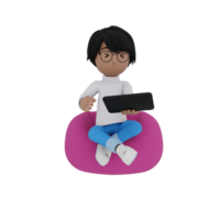 A cartoon character is sitting on a pink bean bag chair and using a tablet png