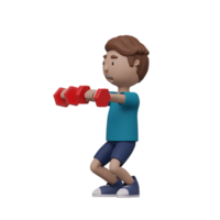 A cartoon man is lifting weights with red dumbbells. He is wearing a blue shirt and blue shorts. 3d render png