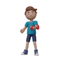 A cartoon man is lifting weights with red dumbbells. He is wearing a blue shirt and blue shorts. 3d render png