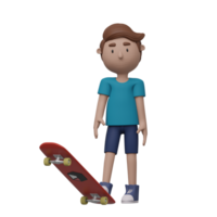 A cartoon boy is skateboarding. He is wearing a blue shirt and blue shorts. 3d render png