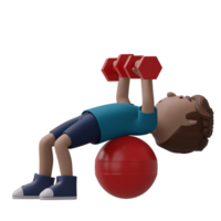 A cartoon man is lifting weights while balancing on a red ball. 3d render png