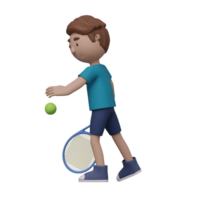 A cartoon boy is playing tennis with a tennis ball. He is wearing a blue shirt and blue shorts. 3d render png