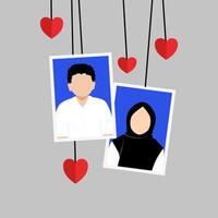 Indonesia formal musulmán Pareja retratos, matrimonio libro tema. hombre y mujer fotos con blanco camisa y azul antecedentes vector