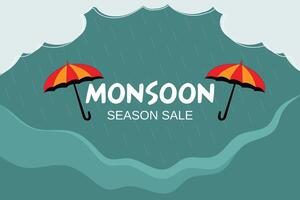 Monsoon season sale background with raindrops and umbrella. Realistic monsoon season banner, poster design. vector