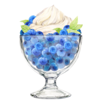 Ripe blueberries in a dessert glass and a beautiful whipped cream top on top. Watercolor illustration. Refreshing summer dessert, frozen yogurt and berries, mint. Clipart for cafe, restaurant menu png