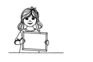 One continuous black line drawing of clipart smiling kid holding empty blank board isolated on white with copy space for text in frame linear sketch doodle vector