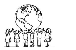 Continuous one line drawing smiling children holding earth globe outline doodle linear happy children day concept on white vector