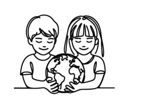 Continuous one line drawing smiling children holding earth globe outline doodle linear happy children day concept on white vector