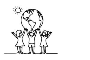 Continuous one line drawing smiling children holding earth globe outline doodle linear happy children day concept on white vector