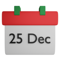 25 Dec on calendar clipart flat design icon isolated on transparent background, 3D render Christmas and New year concept png