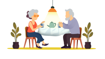 nonna e nonno, anziano coppia seduta a cucina tavolo e bevanda tè o caffè insieme, anziano donne, amici e bevanda tè con amico insieme nel assistenza infermieristica casa, famiglia vita png