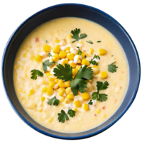 Delicious creamy corn soup served png