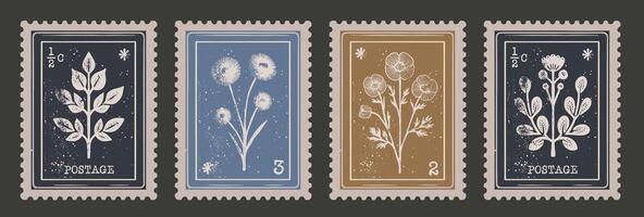 Retro Floral Postage Stamp Collection. Set of Vintage Scrapbooking Post Mail Elements vector