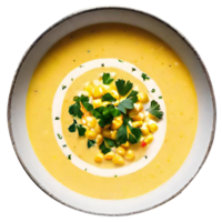 Delicious creamy corn soup served png
