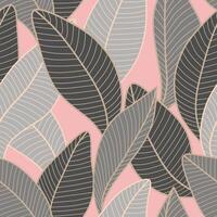 Seamless pattern with stylized leaves. Background Curved lines Leaves Grey and Pink. Illustration of plant for fabric, textile, wrapping paper, cover, package. vector