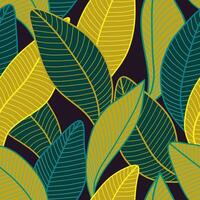 Seamless pattern with stylized leaves. Background Curved lines Leaves Yellow and Green. Illustration of plant for fabric, textile, wrapping paper, cover, package. vector