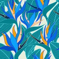 Seamless floral pattern with herbaceous plant of strelitzia. Illustration of plant of bird-of-paradis. For fabric, textile, wrapping paper, cover, package. Flowers and tropical leaves. vector