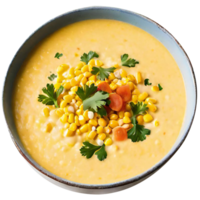 Delicious creamy corn soup served png