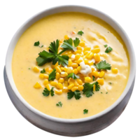 Delicious creamy corn soup served png