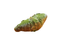 Green Tea Matcha Croissants stuffed with red bean paste on wooden plate. side view. on transparent background png