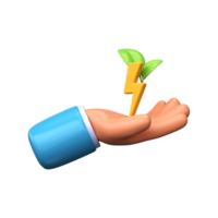 Hand is holding a flashlight with a leaf. 3d green energy icon png