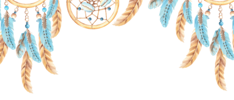 Dream catcher banner with beads, sea shells and blue and beige feathers. Watercolor horizontal frame, border. Hand drawn illustration. Perfect as a web banner, card and invitation template png