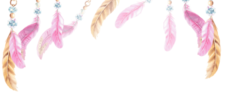 Feathers banner. Pink and beige feathers with crystals. Watercolor horizontal frame, border. Hand drawn illustration. Perfect as a web banner, card and invitation template, for romantic design. png