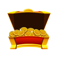 Open the Treasure chest with coins. Game achievement success gift, antique trunk, UI winner bonus reward. png