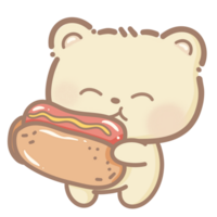 disegnato a mano illustrazione carino kawaii giallo orsacchiotto orso mangiare un' hot dog clipart divertimento divertimento parco pastello colore saluto carta compleanno invito png