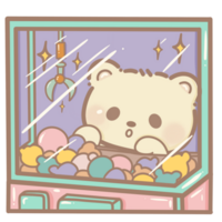 disegnato a mano illustrazione carino kawaii giallo orsacchiotto orso guardare dentro un' artiglio macchina clipart divertimento divertimento parco pastello colore saluto carta compleanno invito png