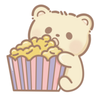 hand getekend illustratie schattig kawaii geel teddy beer aan het eten een popcorn clip art pret amusement park pastel kleur groet kaart verjaardag uitnodiging png