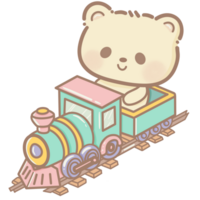 dibujado a mano ilustración linda kawaii amarillo osito de peluche oso en un tren paseo clipart divertido diversión parque pastel color saludo tarjeta cumpleaños invitación png