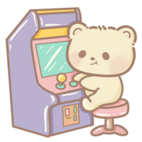 hand getekend illustratie schattig kawaii geel teddy beer spelen een speelhal spel clip art pret amusement park pastel kleur groet kaart verjaardag uitnodiging png